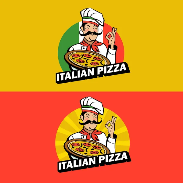 Chef Italien Avec Une Moustache Tenant Une Délicieuse Pizza Pizza — Image vectorielle