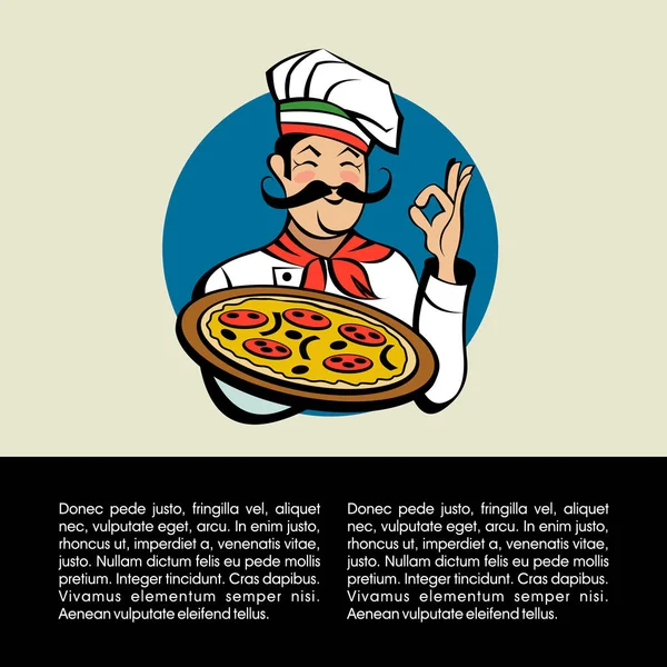 Chef Italiano Com Bigode Segurando Uma Deliciosa Pizza Pizza Italiana — Vetor de Stock