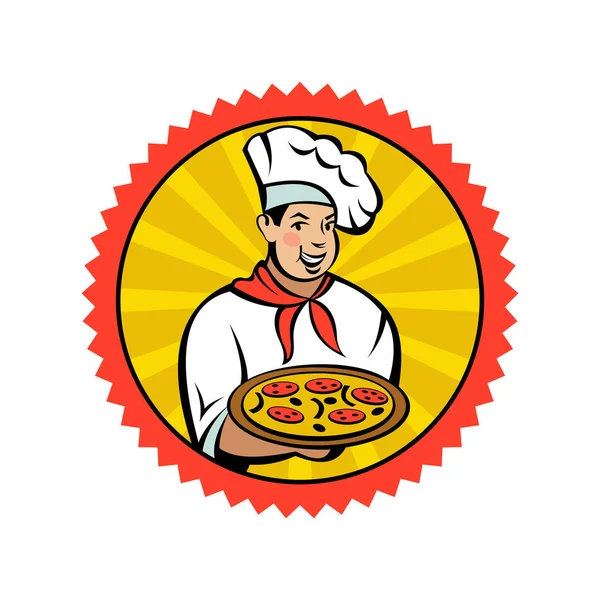 おいしいピザを持っているイタリア料理人 イタリアのピザ 伝統的な国民料理 ベクトルエンブレム — ストックベクタ