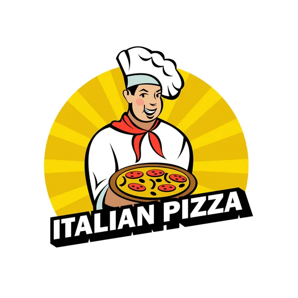 Italiensk Kock Håller Läcker Pizza Vektor Logotypen Pizzeria — Stock vektor