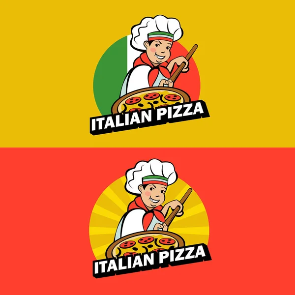 かわいいイタリア人シェフは おいしいピザを調理に取り組んでいます ピザ屋のベクトルのロゴ 名刺のレイアウト — ストックベクタ