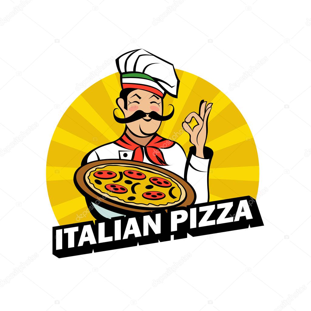 Italian chef with a mustache holding a delicious pizza. Italian pizza, traditional national dish. Vector emblem.