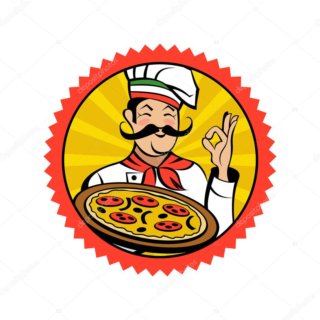 Italian chef with a mustache holding a delicious pizza. Italian pizza, traditional national dish. Vector emblem.
