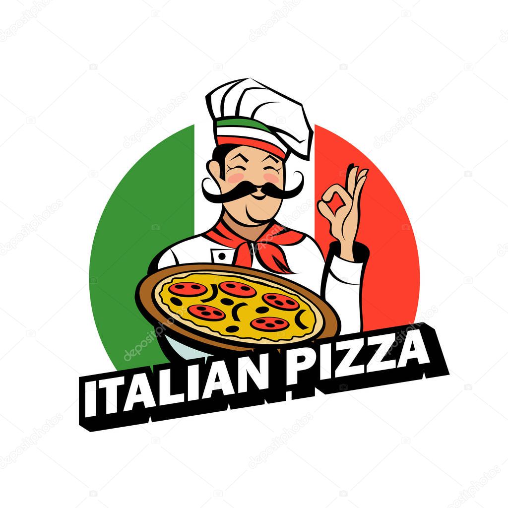 Italian chef with a mustache holding a delicious pizza. Italian pizza, traditional national dish. Vector emblem.
