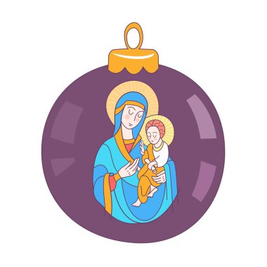 Mutlu Noeller. Vektör tebrik kartı. Meryem Ana ve bebek İsa. Noel oyuncak top.