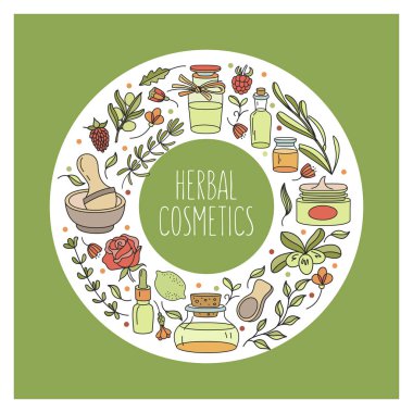 Bitkisel Kozmetik. Bio kozmetik mağazası için. Aromatik doğal yağlar. Vektör çizim. Doğal kozmetik, bitkiler, kavanoz maddeler kümesi. Tüm resimde unsurlar izole edilmiştir ve başka bir tasarımında bağımsız olarak kullanılabilir.