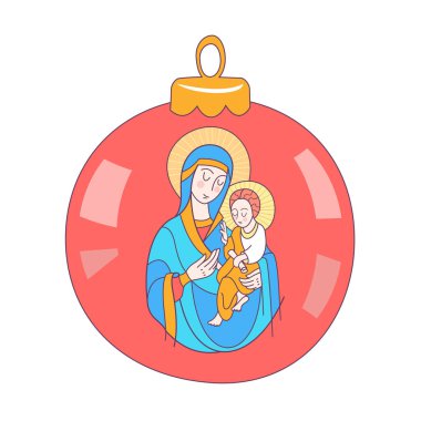 Mutlu Noeller. Vektör tebrik kartı. Meryem Ana ve bebek İsa. Noel oyuncak top.