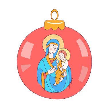 Mutlu Noeller. Vektör tebrik kartı. Meryem Ana ve bebek İsa. Noel oyuncak top.