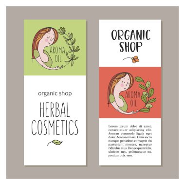 Bitkisel Kozmetik. Metin için yer şablonları kümesi. Bio kozmetik mağazası için. Bir amblem olarak güzel bir kız. Doğrusal vektör çizim.
