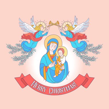 Mutlu Noeller. Meryem bir mavi tunik içinde. Madonna bebek İsa tutuyor. Melek Savior ile Doğum duyuruyu trompet trompet. Vektör çizim.