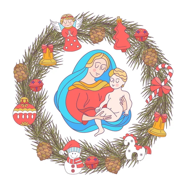 Merry Christmas Vector Greeting Card Virgin Mary Baby Jesus Wreath — Stock Vector