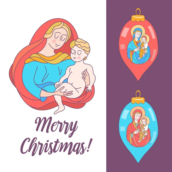 Feliz Natal Cartão Saudação Vetorial Virgem Maria Menino Jesus Duas — Vetor de Stock