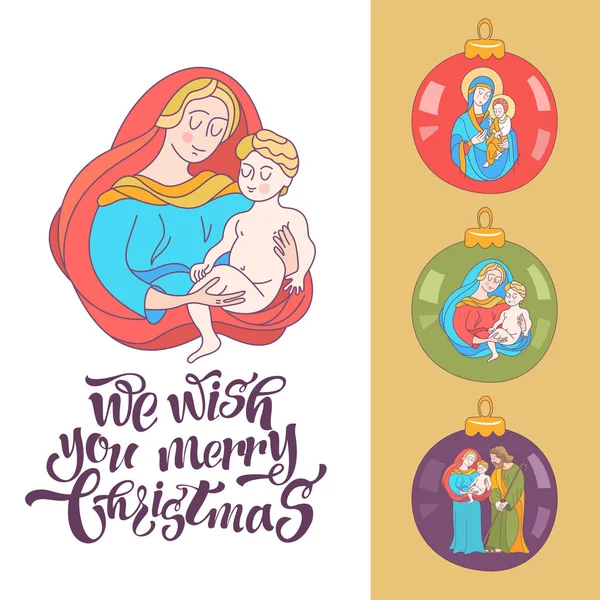 圣诞快乐 矢量贺卡 圣母玛利亚和婴儿耶稣 一套圣诞球 在球描绘圣母玛利亚 婴孩耶稣和圣约瑟夫 — 图库矢量图片