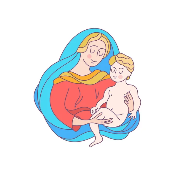 Beata Vergine Maria Tunica Rossa Velo Blu Madonna Sta Tenendo — Vettoriale Stock