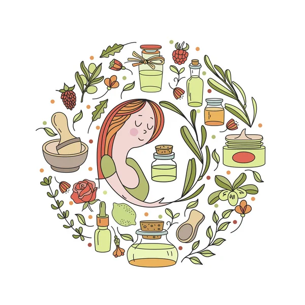 Cosméticos Base Plantas Óleos Naturais Aromáticos Ilustração Vetorial Menina Bonita —  Vetores de Stock