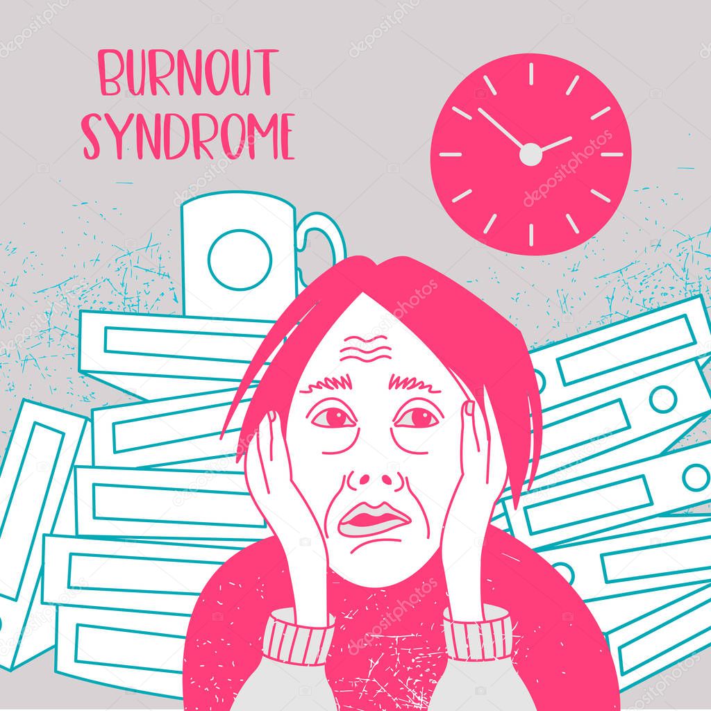Mental health. Burnout syndrome. Chronic fatigue. Depression. Mental disorder. The woman in a panic. Vector illustration.