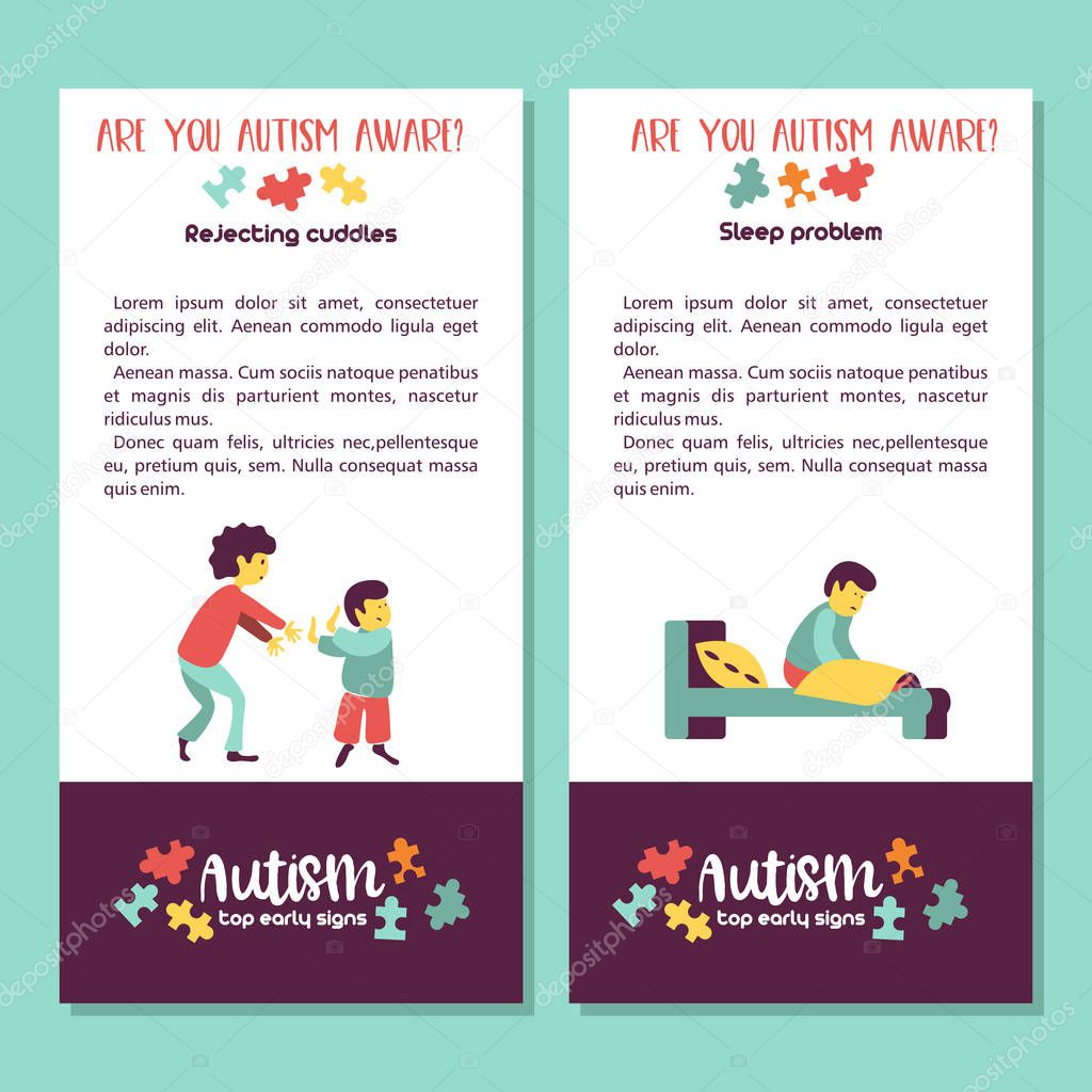 Autism. Early signs of autism syndrome in children. Vector illustration. Children autism spectrum disorder ASD icons. Signs and symptoms of autism in a child.