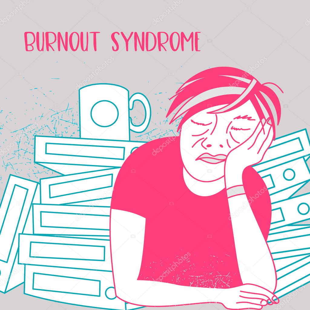 Mental health. Burnout syndrome. Chronic fatigue. Depression. Mental disorder. A man sleeping at work. Vector illustration.