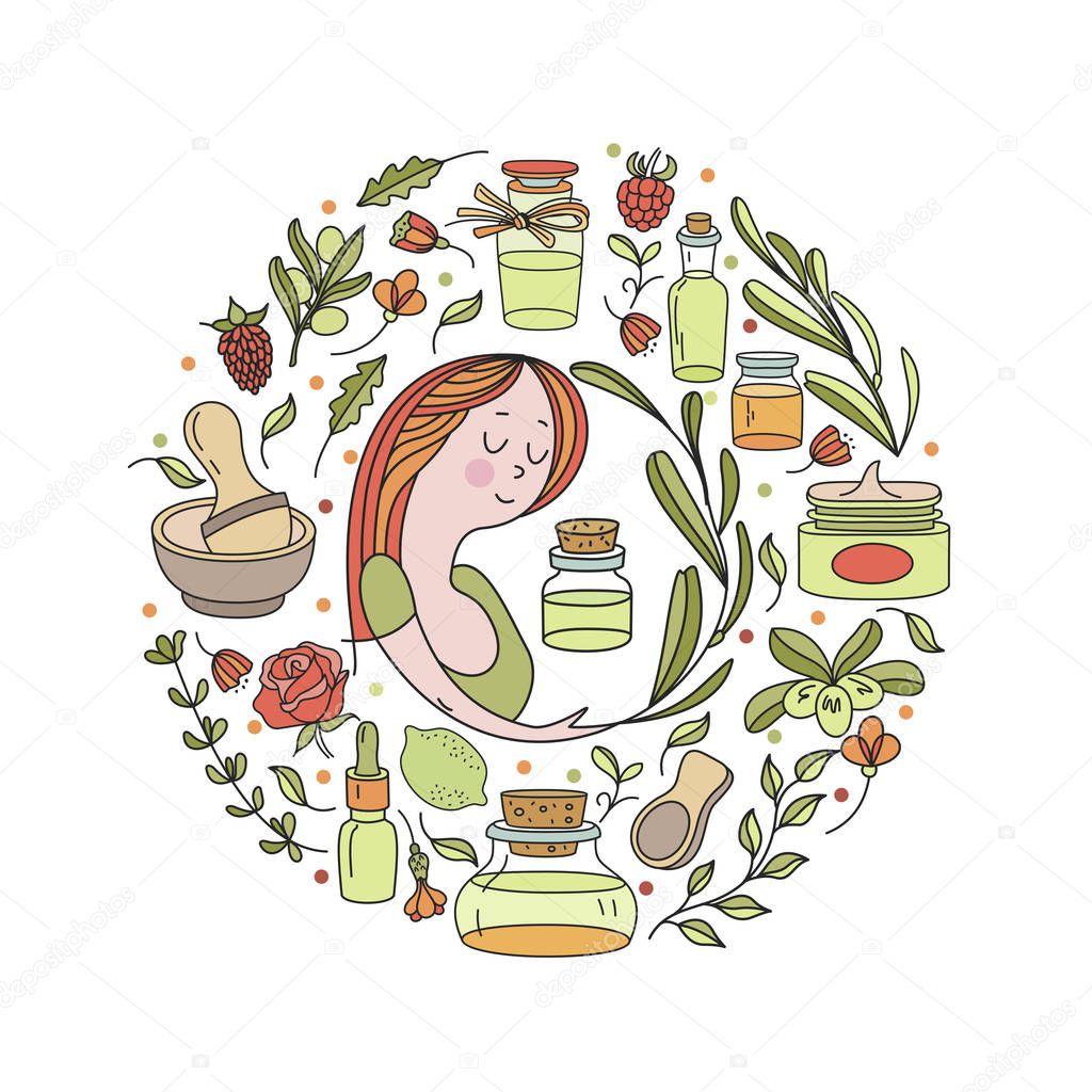 Herbal cosmetics. Aromatic natural oils. Vector illustration. Beautiful girl and a set of ingredients of natural cosmetics, plants, jars. All illustration elements are isolated and can be used independently in another design.