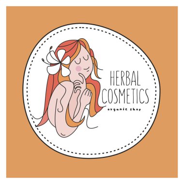 Güzel kadın ve bitki sapı. Doğal kozmetik, aromatik yağlar. Sağlıklı bir yaşam tarzı. Çevre dostu bio kozmetik. Vektör amblemi.