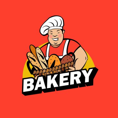 Sevimli gülümseyen Baker taze pişmiş ekmek büyük bir sepet tutar. Bir fırın amblemi vektör çizim.