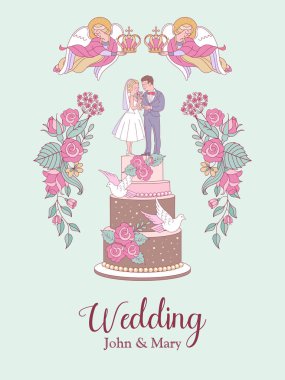 Mutlu düğünler. Vektör çizimi. Düğün töreni. Romantik düğün kartı, düğün davetiyesi. Düğün pastasında gelin ve damadın figürleri.