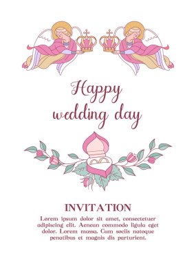 Mutlu düğünler. Vektör çizimi. Düğün töreni. Romantik düğün kartı, düğün davetiyesi..
