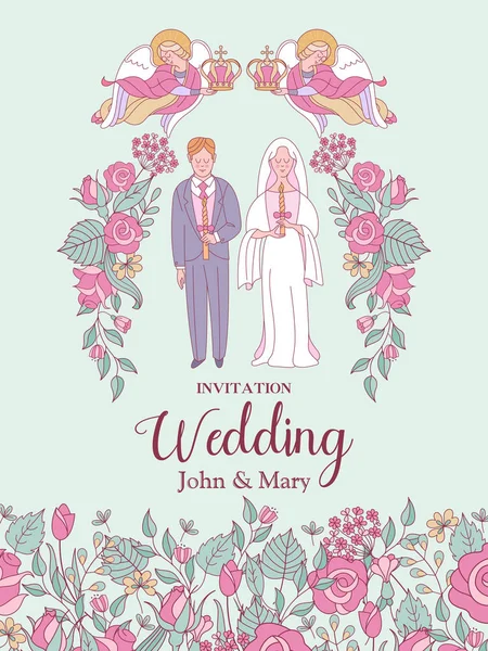 Gelukkige Bruiloft Vector Illustratie Bruiloft Ceremonie Bruid Bruidegom Romantische Trouwkaart — Stockvector