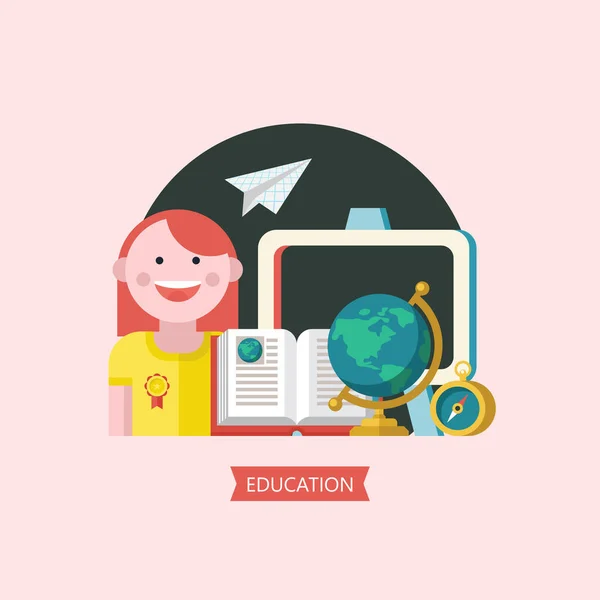 教育のベクトル紋章 大学のロゴ 開かれた本の背景に女子生徒 グローブとコンパス 学習の属性 — ストックベクタ