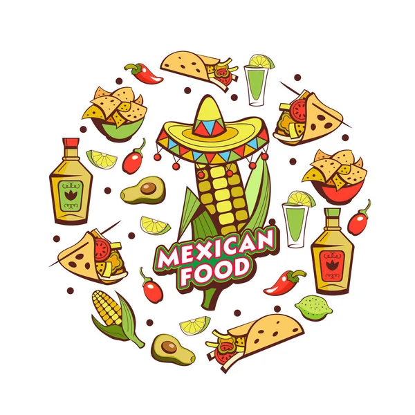 Мексиканская Еда Кукуруза Початке Сомбреро Набор Популярных Мексиканских Блюд Быстрого — стоковый вектор