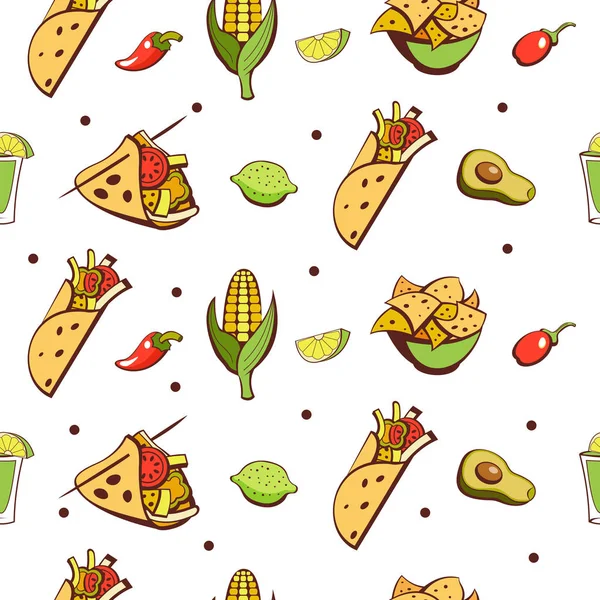 Dikişsiz desen beyaz arka plan üzerinde. Meksika yemeği. Popüler Meksika lokanta yemekleri kümesi. Vektör çizim karikatür tarzı.