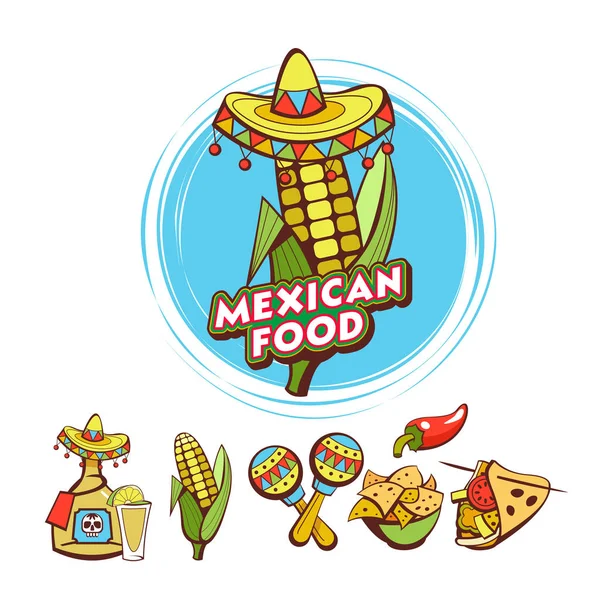 Comida Mexicana Maíz Mazorca Sombrero Conjunto Populares Platos Mexicanos Comida — Vector de stock