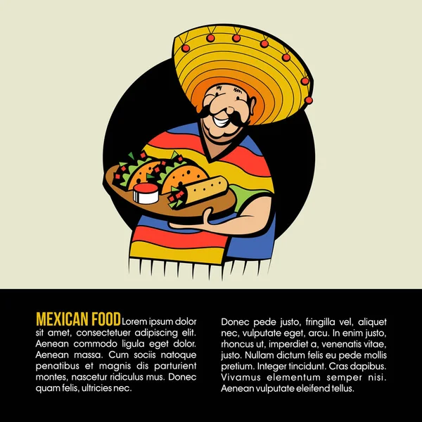 Mexicano Alegre Con Poncho Rayas Gran Sombrero Mexicano Sostiene Una — Archivo Imágenes Vectoriales