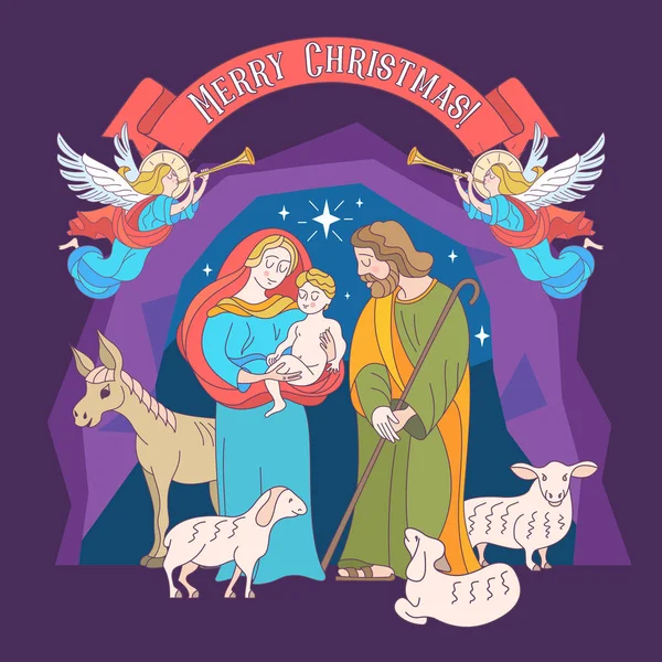 Buon Natale Ciao Biglietto Auguri Vettoriale Vergine Maria Gesù Bambino — Vettoriale Stock