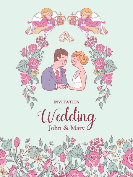 Joyeux Mariage Illustration Vectorielle Une Cérémonie Mariage Mariée Marié Carte — Image vectorielle