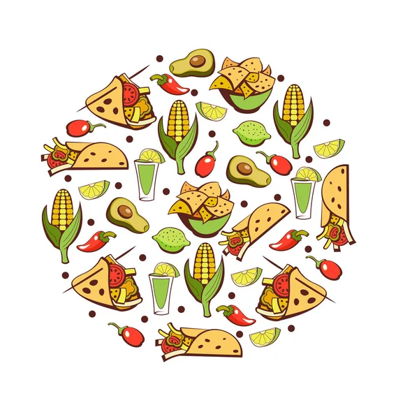 Мексиканська Їжа Набір Популярних Мексиканських Фаст Фудів Векторна Ілюстрація Стилі — стоковий вектор