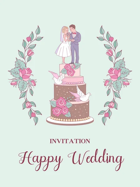 Mutlu düğünler. Vektör çizimi. Düğün töreni. Romantik düğün kartı, düğün davetiyesi. Düğün pastasında gelin ve damadın figürleri.