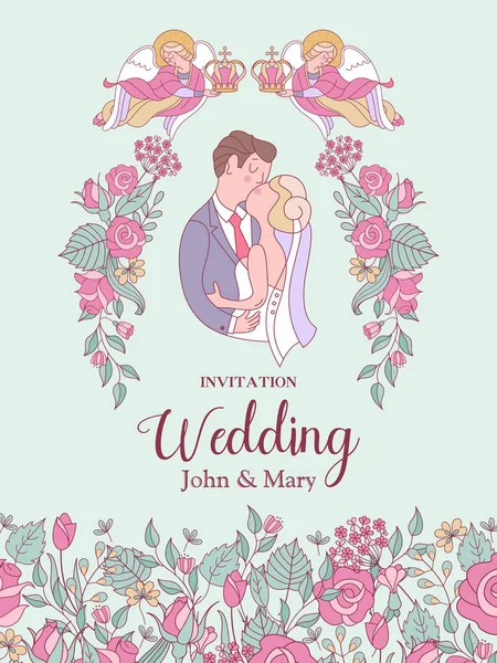 Joyeux Mariage Illustration Vectorielle Une Cérémonie Mariage Mariée Marié Carte — Image vectorielle
