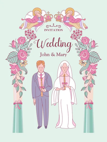 Gelukkige Bruiloft Vector Illustratie Bruiloft Ceremonie Bruid Bruidegom Romantische Trouwkaart — Stockvector