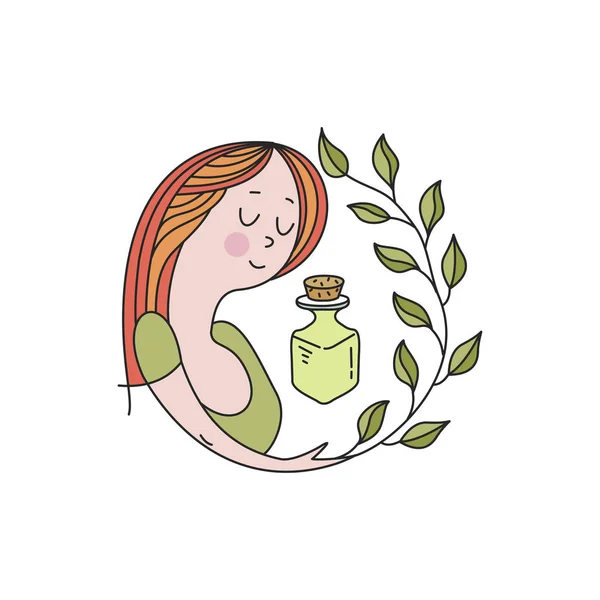 親愛なる女性 アロマオイルの瓶と植物の小枝 自然派化粧品 アロマオイル 健康的なライフ スタイル 環境に優しいバイオ化粧品 腕のベクトル コート — ストックベクタ