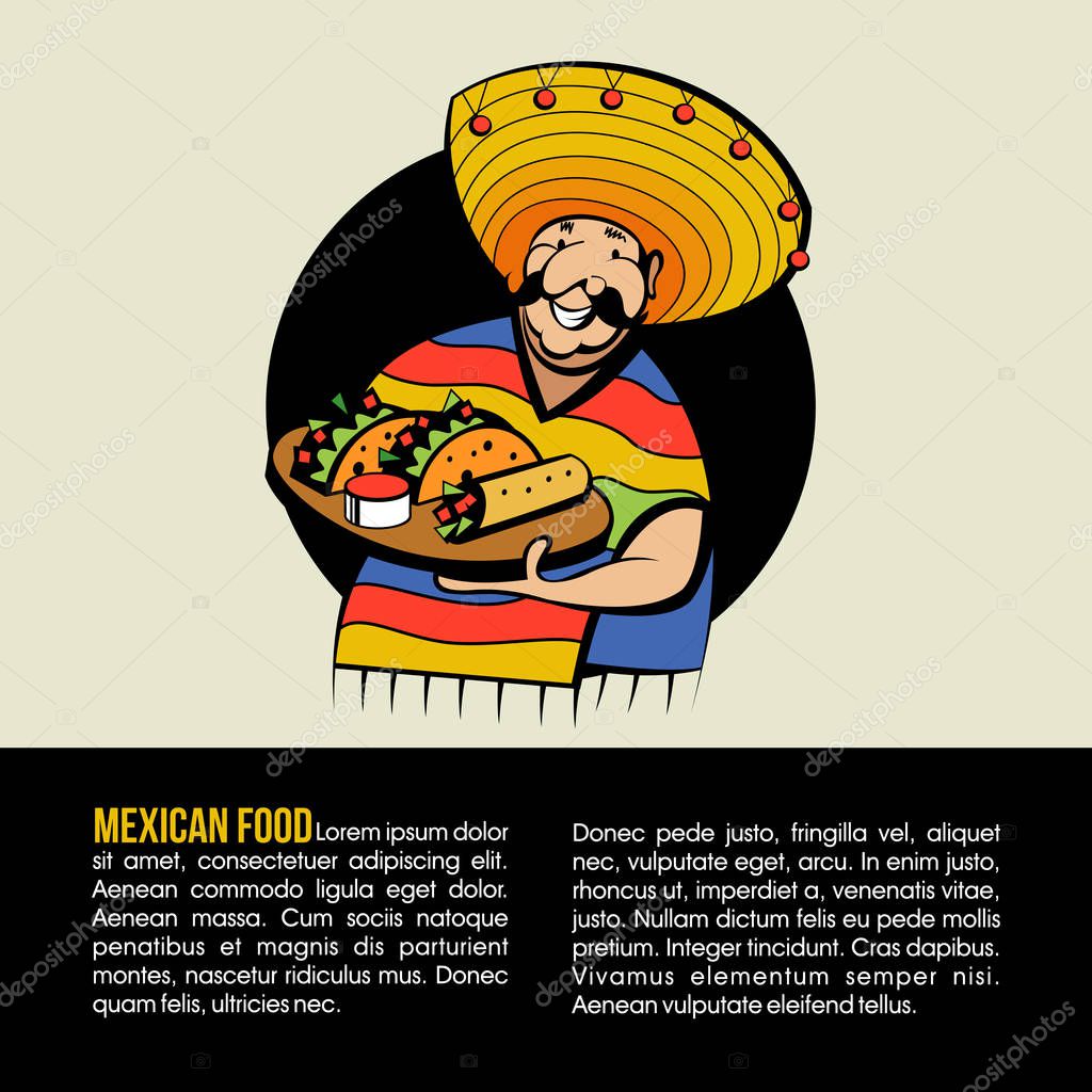 A Jolly Mexican wearing a striped poncho and a big Mexican hat holds a tray of traditional Mexican food. Tacos, burrito. Vector logo of Mexican restaurant.