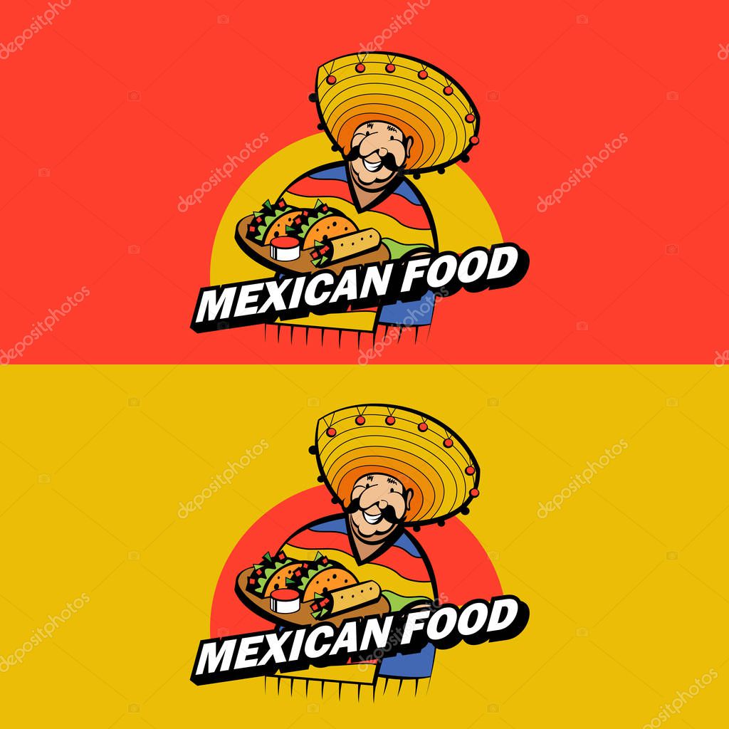 A Jolly Mexican wearing a striped poncho and a big Mexican hat holds a tray of traditional Mexican food. Tacos, burrito. Vector logo of Mexican restaurant.