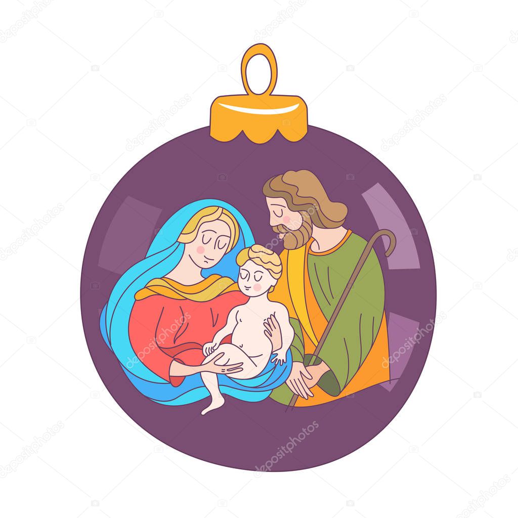 Merry Christmas. Vector greeting card. Virgin Mary, baby Jesus and Saint Joseph the betrothed. Christmas decoration ball