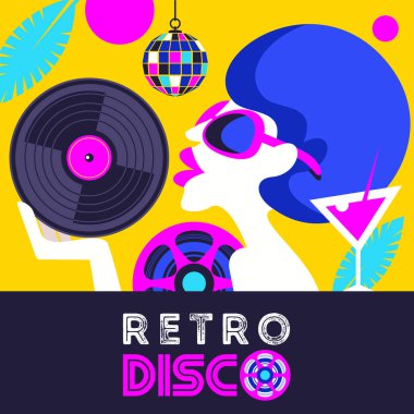 Retro disko parti. Renkli vektör çizim, poster. Vinil güzel zenci kız kaydetmek el.