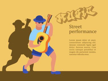 Sokak müzisyeni. Adam gitar çalıyor. Sokak performansı. Müzikal gösteri. Vektör çizim.