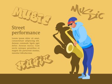 Sokak müzisyeni. Adam Saksafon çalıyor. Sokak performansı. Müzikal gösteri. Vektör çizim.