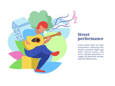 Sokak müzisyeni. Adam gitar çalıyor. Sokak performansı. Müzikal gösteri. Vektör çizim.