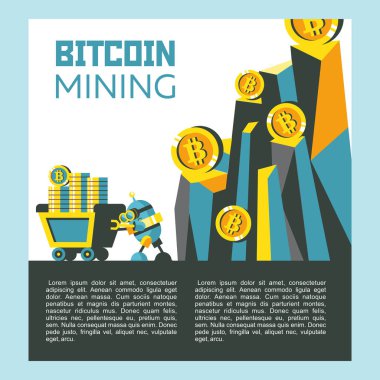 Bitcoin incelemesi. Vektör kavramsal çizimi. Cryptocurrency. Sevimli küçük bir robot bir sepeti ile bitcoins iter. Bitcoins ile Dağları.
