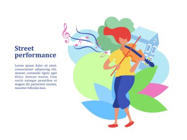 Sokak müzisyeni. Kız keman çalıyor. Müzik gösterisi, sokak performansı. Vektör illüstrasyonu.