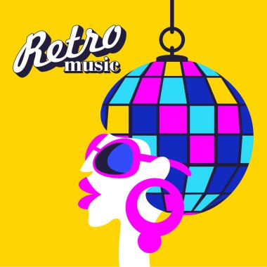 Retro disco party. Colorful vector illustration, poster. Beautiful girl in sunglasses and disco ball. clipart